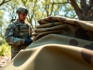 Bekijk camouflage stoffen in gebruik tijdens militaire inspectie in de natuur.