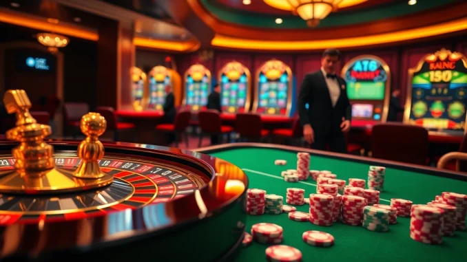 Experience the thrill of RR88 as players engage with luxurious casino elements including roulette wheels and poker chips.