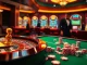Experience the thrill of RR88 as players engage with luxurious casino elements including roulette wheels and poker chips.
