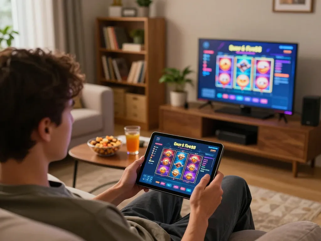 Engaging with Quay số five88 slots on a tablet while enjoying a cozy home atmosphere.