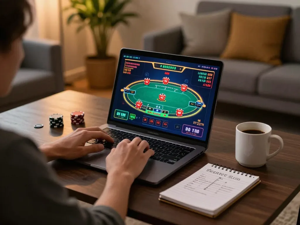 Engaging in online gaming at home with 11win com, showcasing strategic poker play in a relaxed environment.