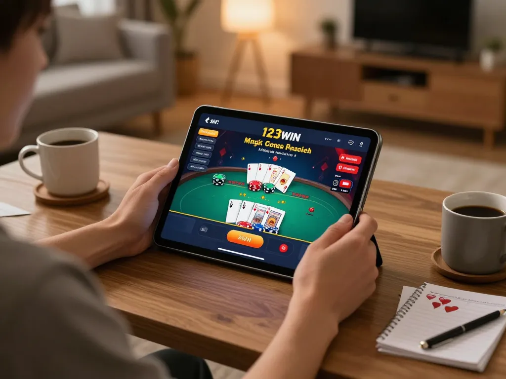 123WIN player engaged in online casino gaming at home with tablet showing poker interface