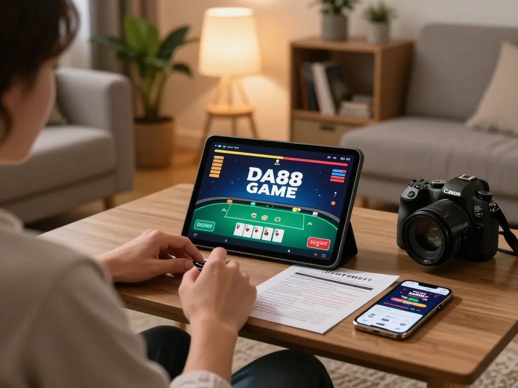 Engaged in DA88 GAME online, a player analyzes poker strategies during a cozy home gaming session.