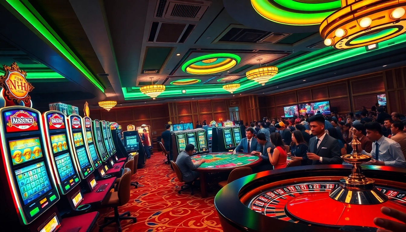Nổ Hũ gameplay scene with vibrant slot machines and enthusiastic players in an elegant casino atmosphere.