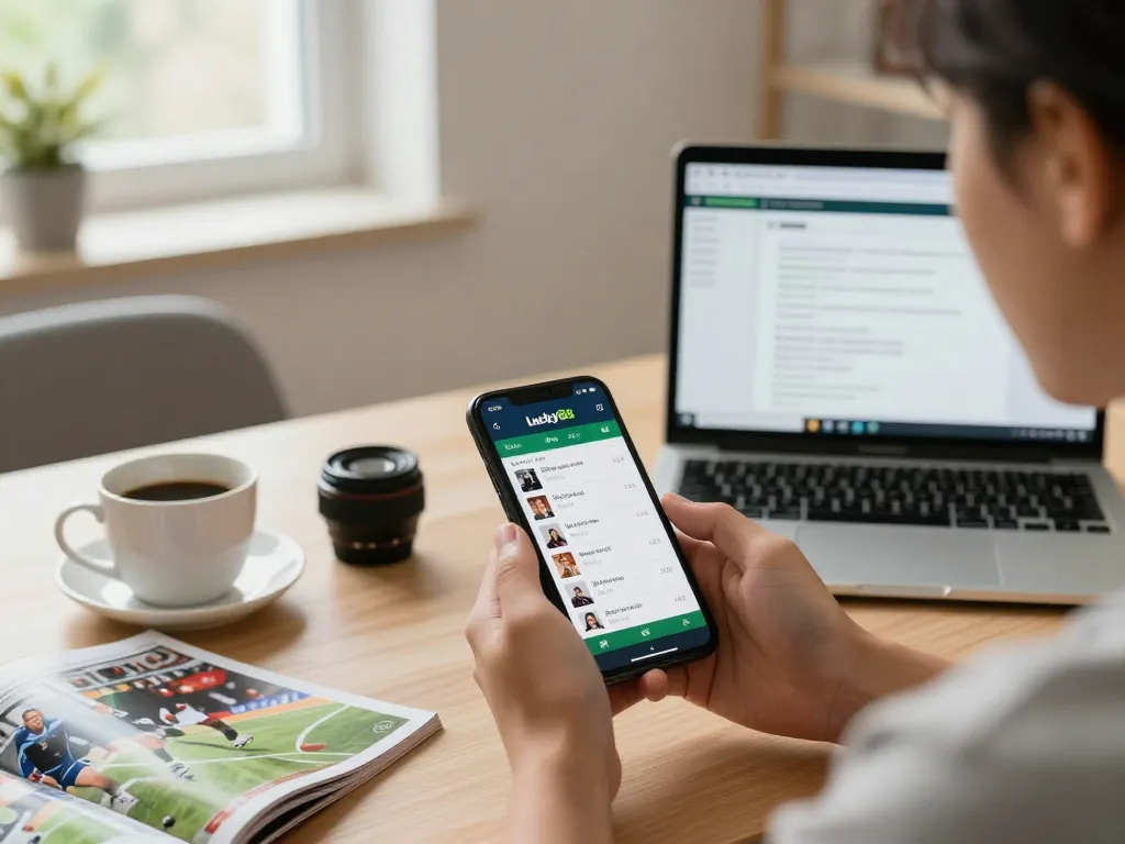 Engaging with Lucky88 com betting app for live sports betting in a modern home office.