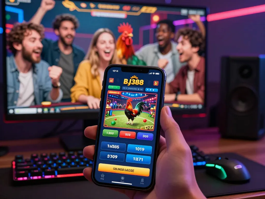 Engaging online betting experience on BJ388 platform with friends cheering for rooster fights.