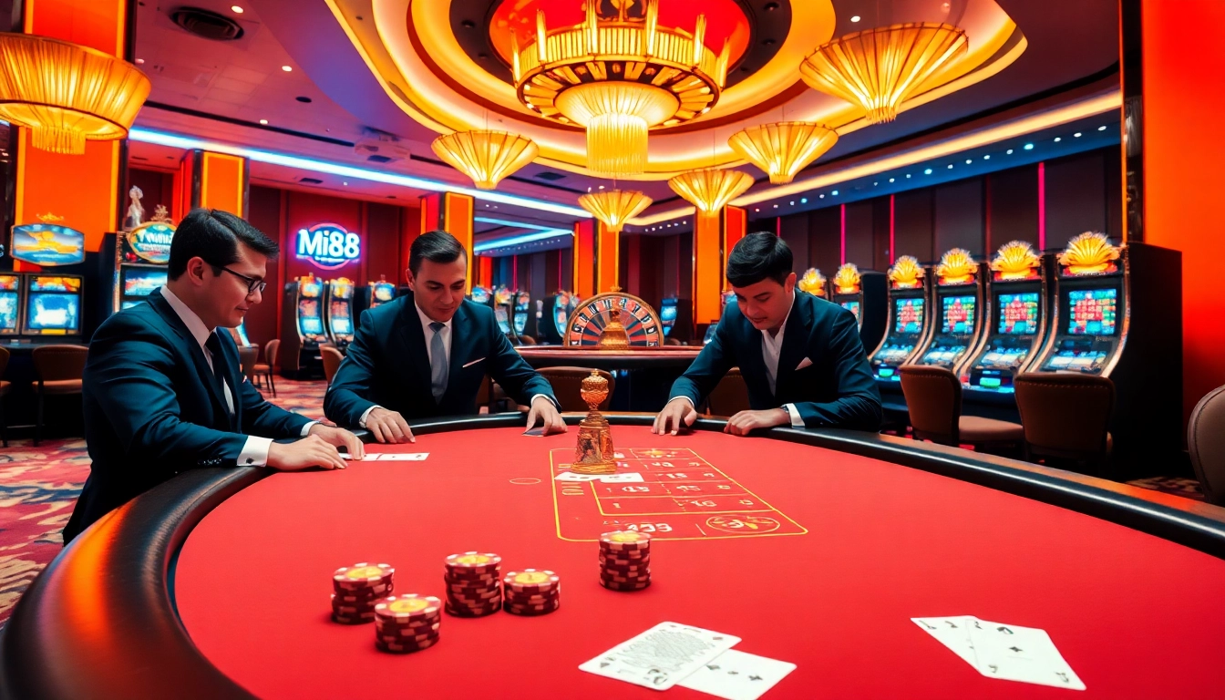Engaging poker players at MI 88's luxurious casino table with vibrant slot machines.