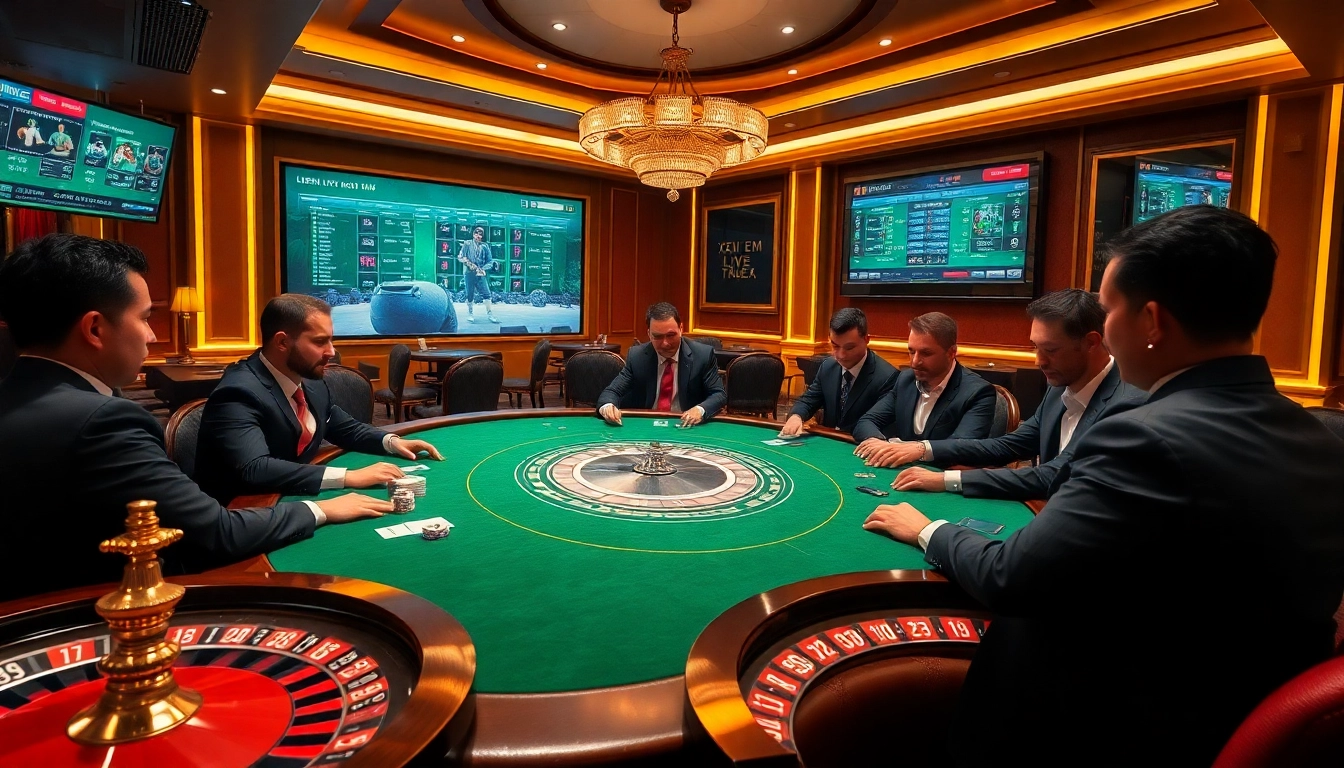 The excitement of gambling comes alive, xem live hôm nay with a luxury casino table, poker players in action, and vibrant betting screens.
