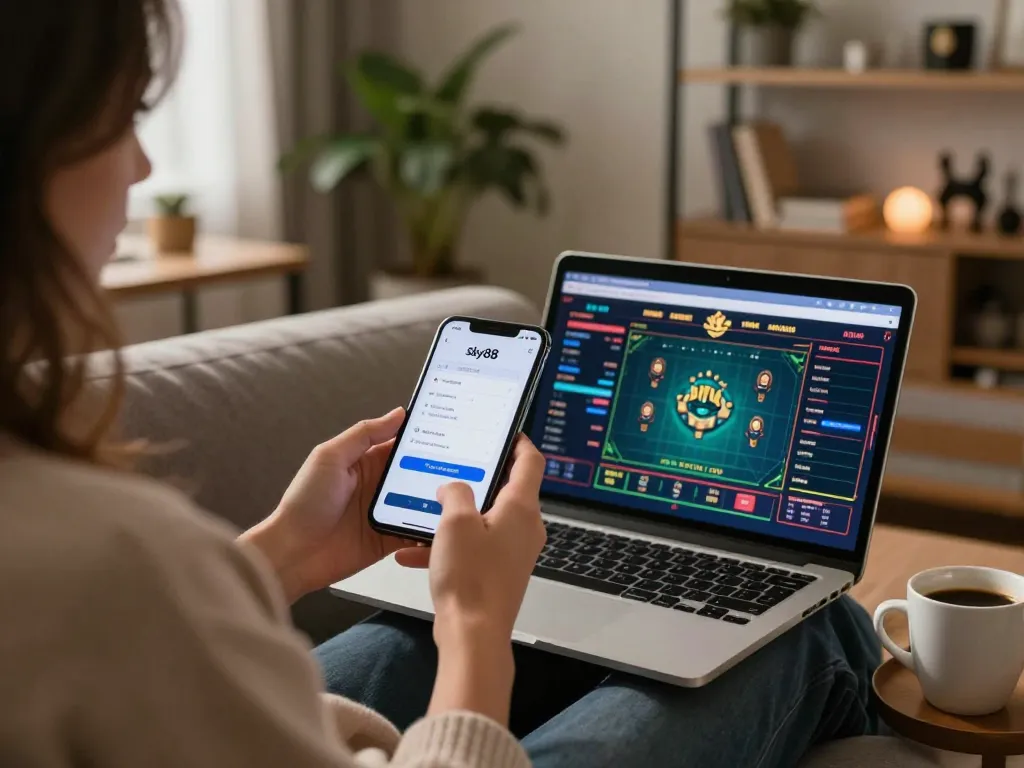 Access Sky88 đăng nhập via smartphone in a stylish home setup while enjoying online gaming activities.