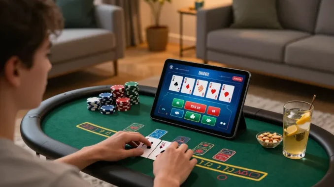 Engaged in online blackjack gameplay, aa888 player enjoys a strategic home environment with cozy lighting and chips.
