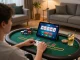 Engaged in online blackjack gameplay, aa888 player enjoys a strategic home environment with cozy lighting and chips.