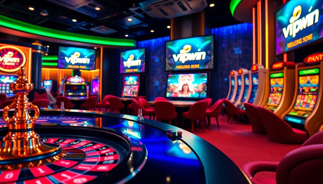 vipwin players engaging in thrilling casino action with vibrant slot machines and roulette wheels