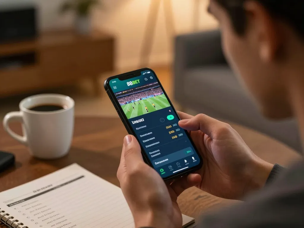 Player actively betting on the 88bet.zone app, showcasing live odds and strategic notes in a cozy home environment.