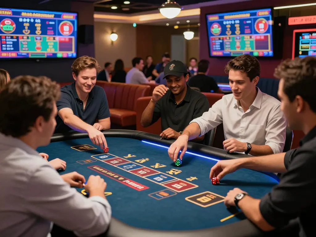 Exciting gameplay of rikvip tài xỉu with enthusiastic players and colorful dice in a vibrant casino.