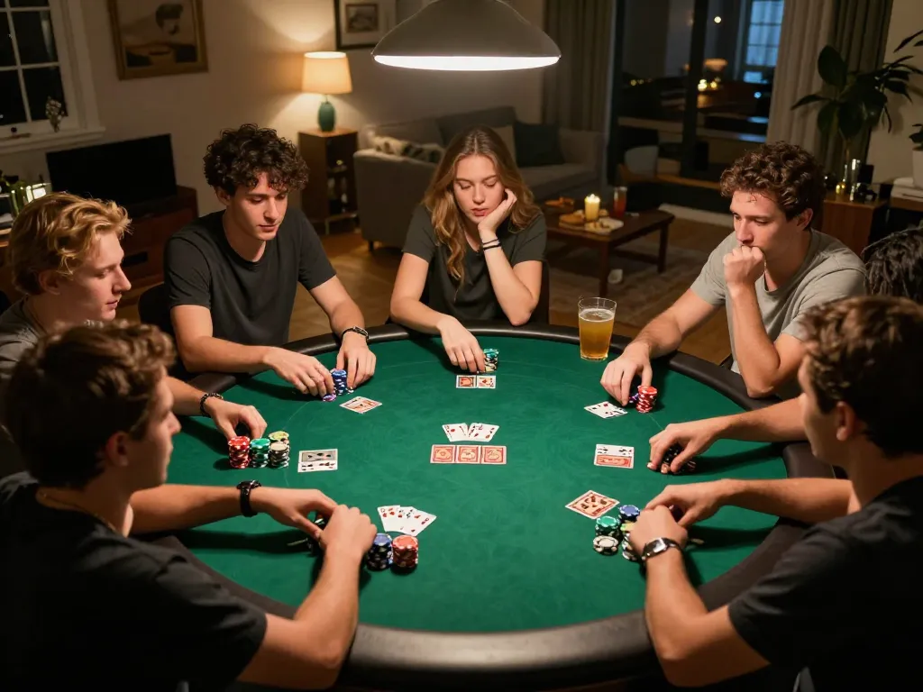 Friends enjoying poker night at home, a lively atmosphere of excitement and strategy reflecting jtg88.com gaming.