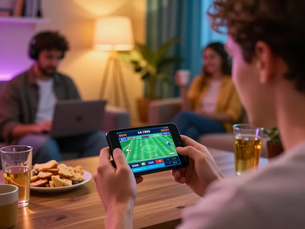 Engaging in CODE VUA88 sports betting on mobile app in a cozy home setting.