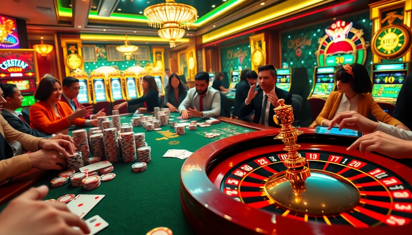 Players engage in high-stakes poker games at an exciting okwin casino table, with vibrant chips and cards.