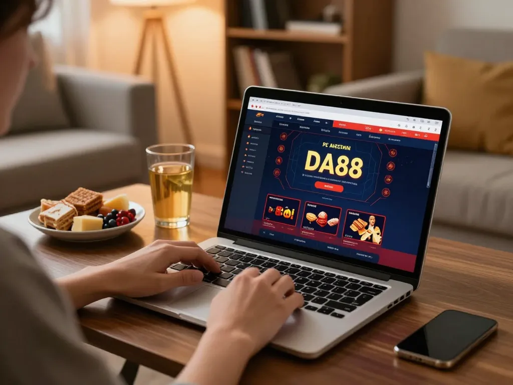 Engaging in online gaming at DA88 with an inviting home setup, showcasing strategy and comfort.