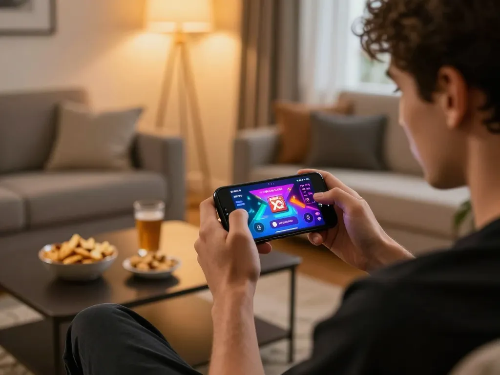 Xo88 casino player enjoying online gaming experience on smartphone in cozy home setting.