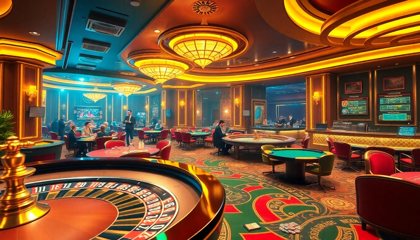 Engaging scene with the hidden wiki theme, showcasing players enjoying poker and roulette at a luxurious casino.