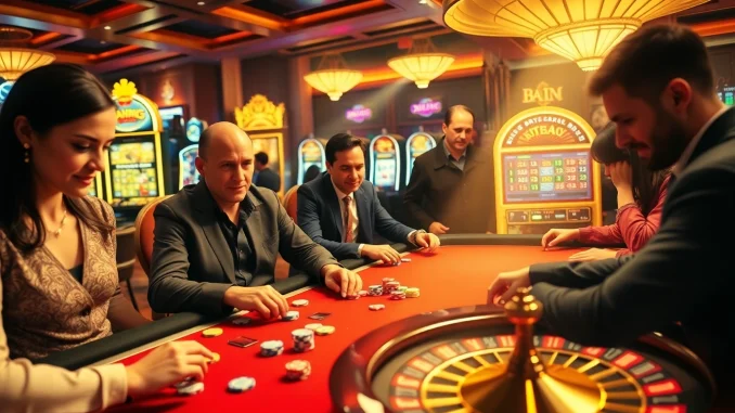 Players enjoying games at https://goal123.ac/ casino with poker chips and roulette wheel in focus.