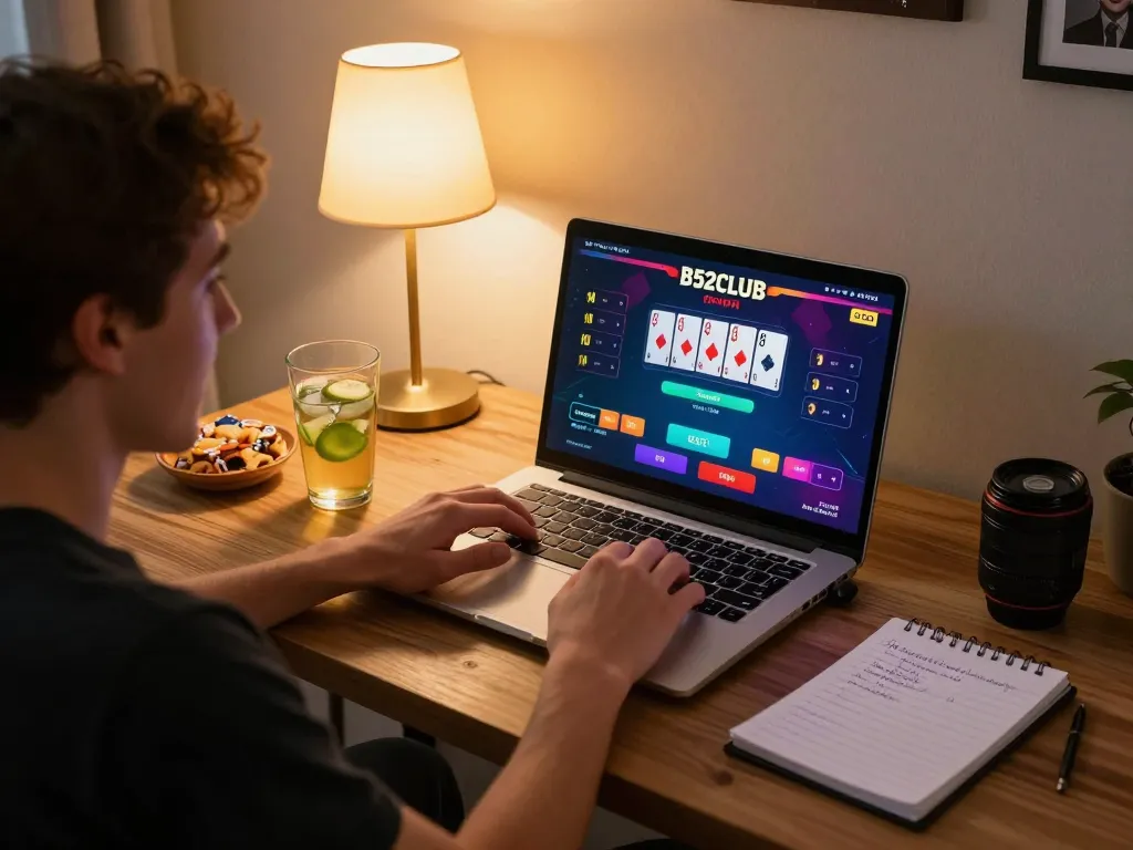 B52CLUB online gaming excitement with player placing bets and strategizing in a cozy home setting.