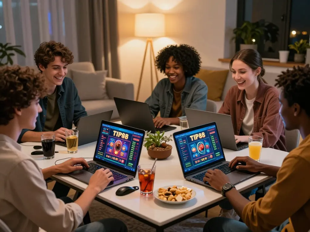 Group enjoying the TIP88 gaming experience with devices and snacks in a cozy living room.