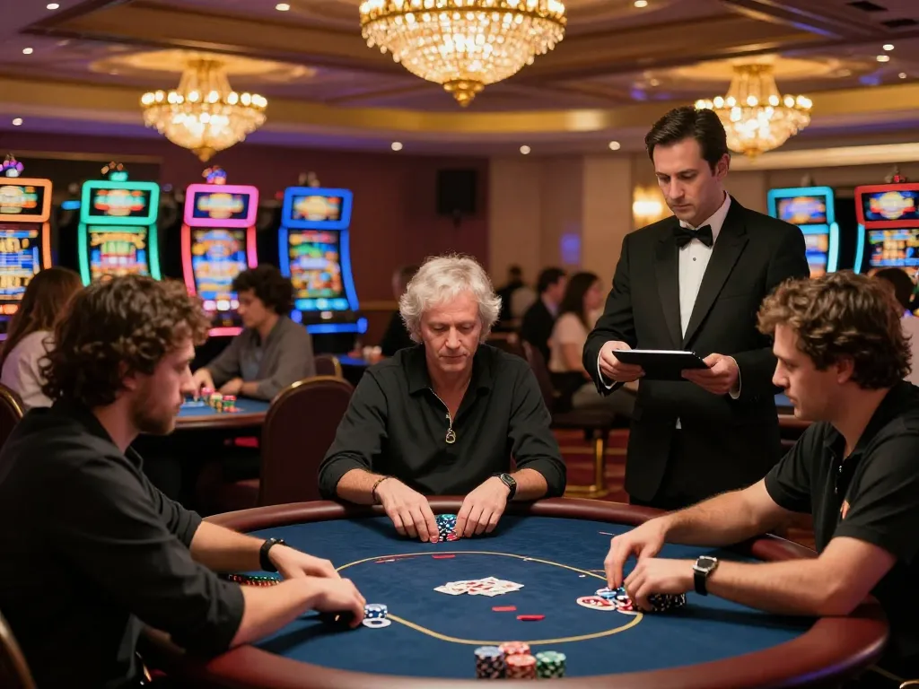 Players enjoy an exciting poker game at nhà cái 23WIN's vibrant casino floor, showcasing dynamic gameplay.