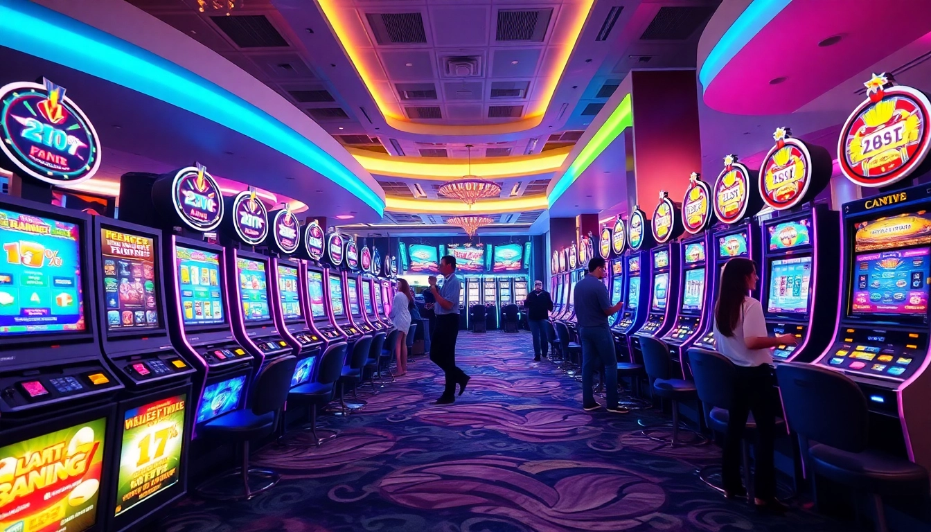 Exciting casino scene with slot machines and vibrant gaming atmosphere featuring 555winde com.