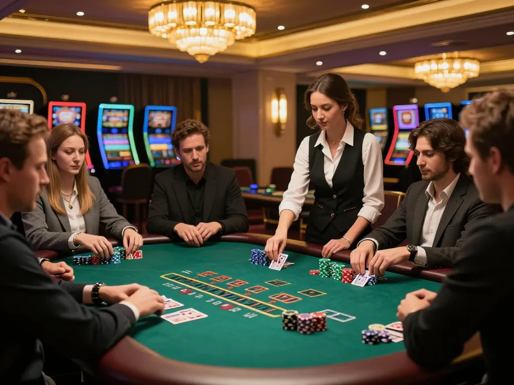 Players engaging in intense blackjack gameplay at debet23 casino table, showcasing strategy and excitement.