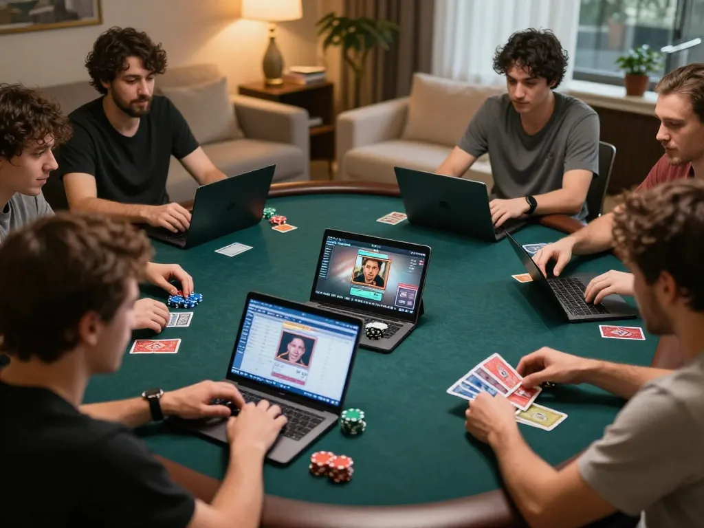 vin88a players focusing intensely on online poker strategies in a cozy home setting