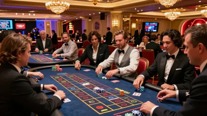Nohu players placing bets at a vibrant roulette table inside a luxurious Las Vegas casino, showcasing lively gameplay.