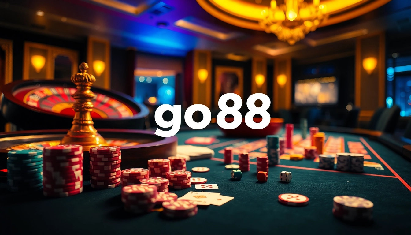 Players engaging with the exciting atmosphere of go 88 at a vibrant casino table with cards and chips.