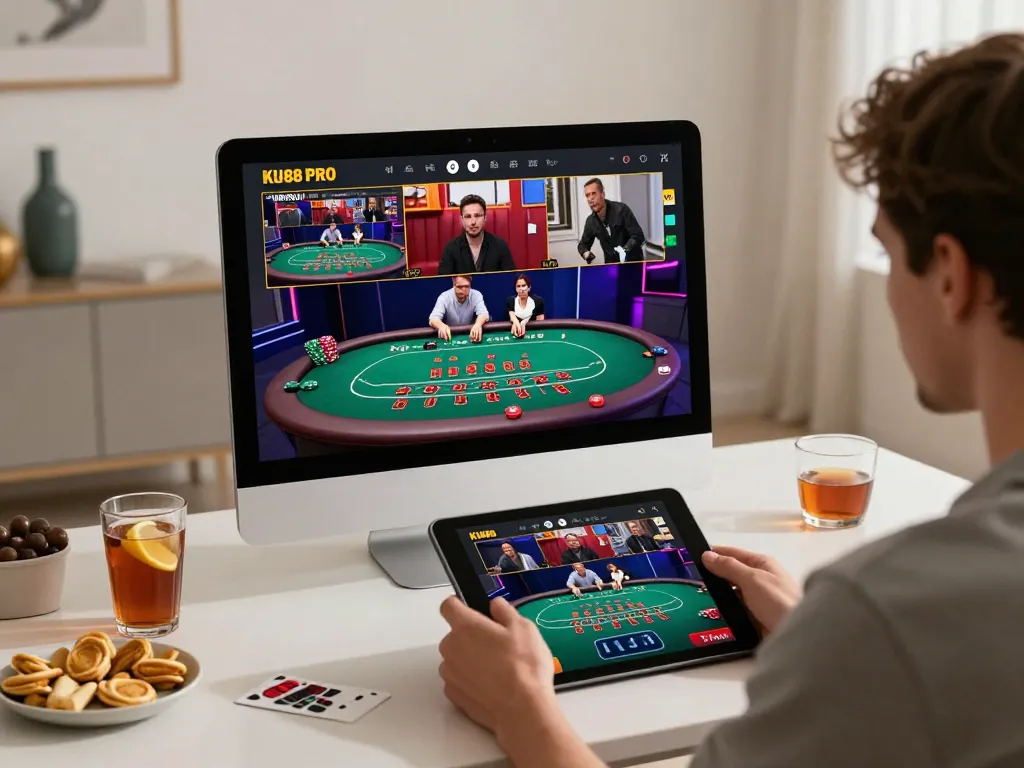 Engaging player immersing in KU88 PRO's live dealer blackjack on a tablet, showcasing exciting gameplay.