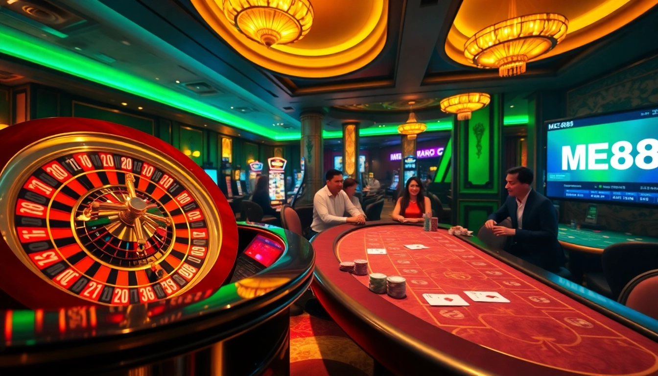 Experience the thrills of ME88 with a vibrant casino atmosphere featuring roulette and poker.