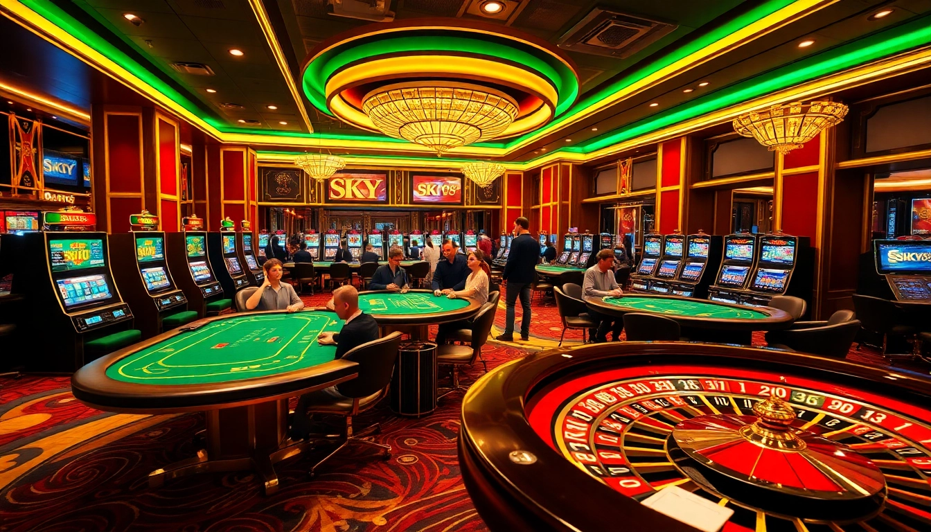 Experience high-stakes thrill at the SKY88 casino with vibrant gaming tables and luxurious slots.