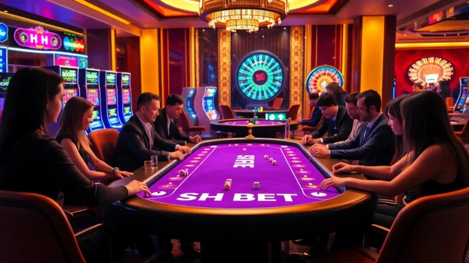 SH BET casino gameplay showcasing players at a vibrant gaming table with chips and dice.