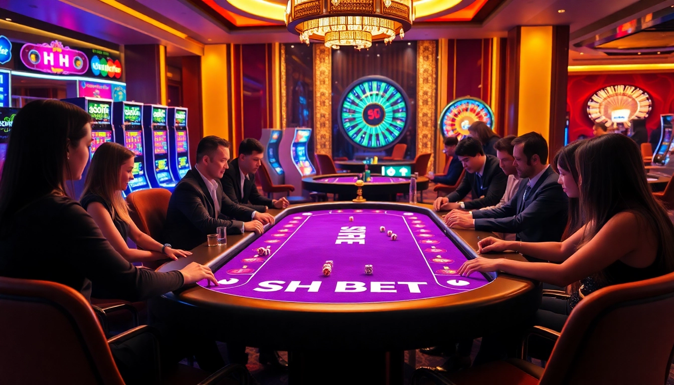 SH BET casino gameplay showcasing players at a vibrant gaming table with chips and dice.