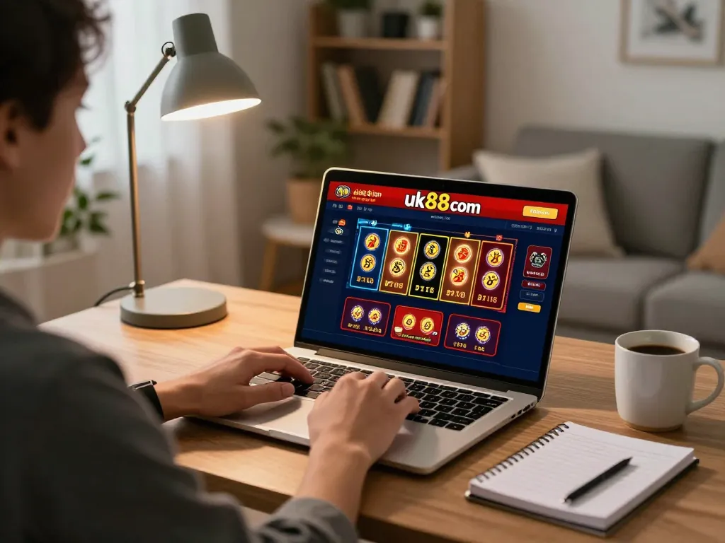 Engaging online gaming experience at home with uk88 com laptop interface and strategy notes.