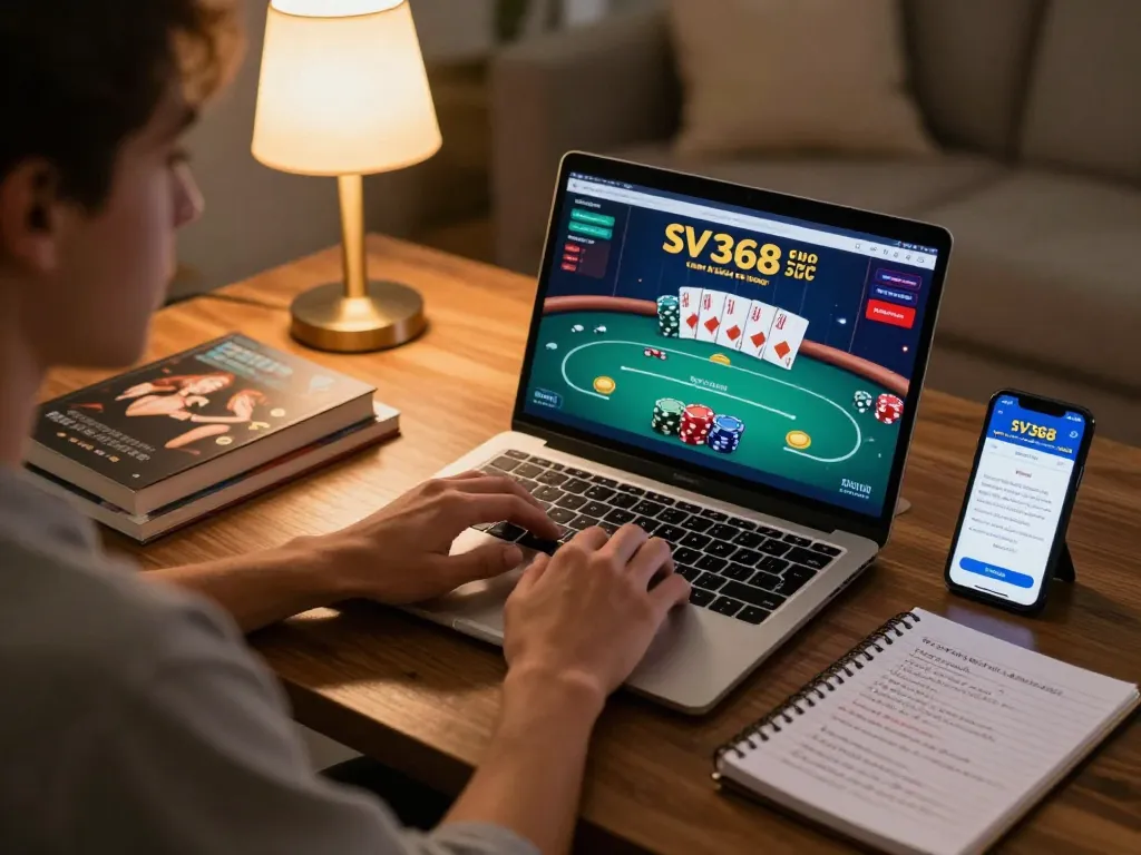 Player enjoying SV368's online casino experience on laptop at home with strategy notes.