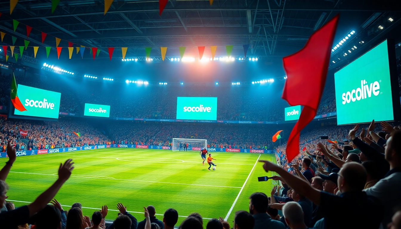 Socolive live football streaming experience with fans cheering in a vibrant stadium atmosphere.
