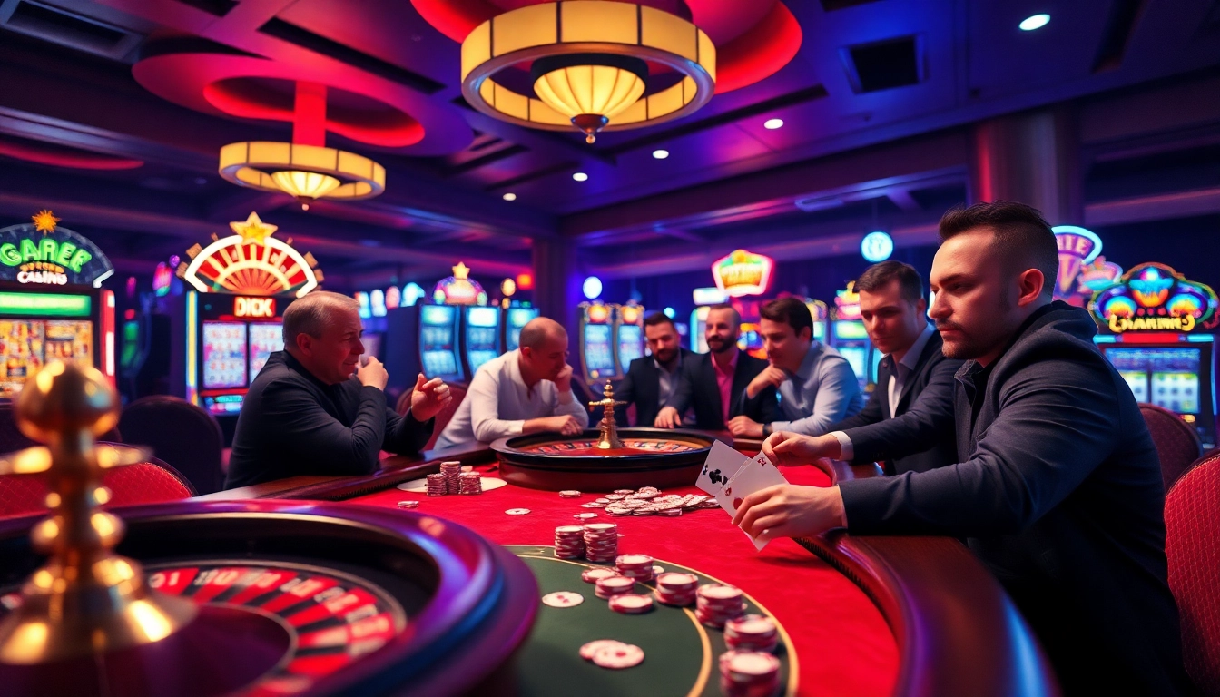 Experience the thrill of Game bài đổi thưởng in a bustling casino with vibrant tables and exciting gameplay.