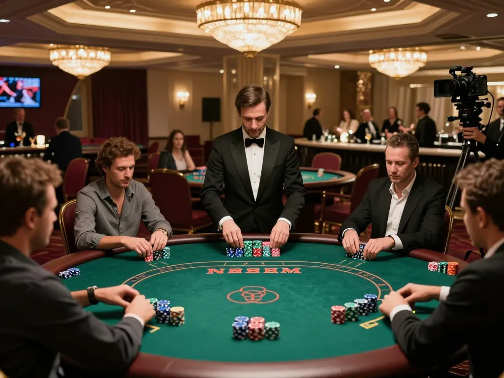 Strategic poker play in an upscale casino featuring kk44-themed chips and professional dealer