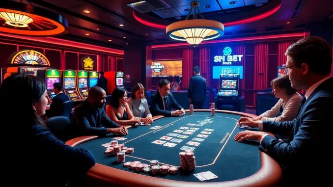 Players enjoy high-stakes poker at SH BET casino, surrounded by vibrant lights and luxury.