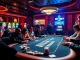 Players enjoy high-stakes poker at SH BET casino, surrounded by vibrant lights and luxury.