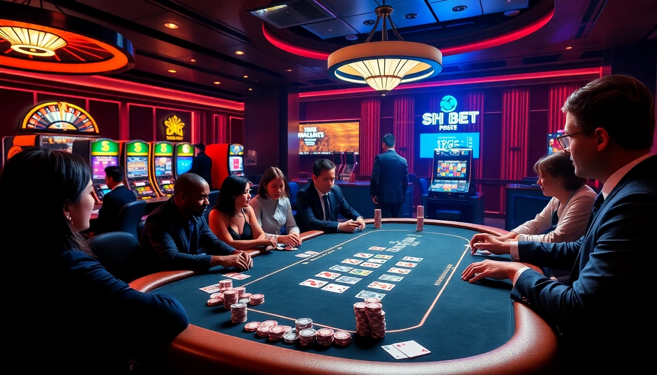 Players enjoy high-stakes poker at SH BET casino, surrounded by vibrant lights and luxury.