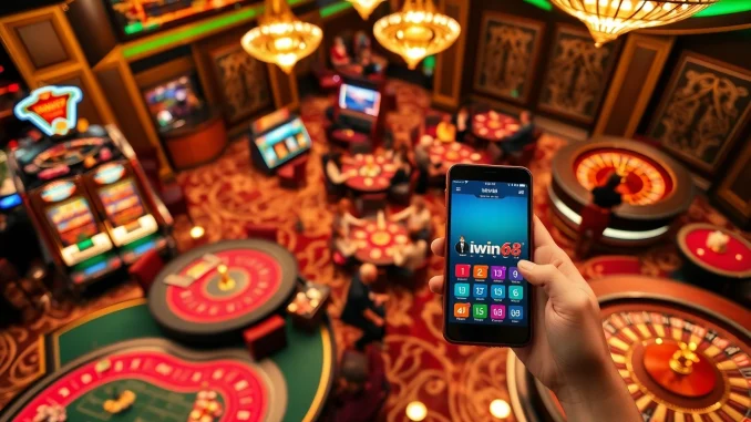 Players engaged in exciting games at the Iwin68 casino with vibrant slot machines and poker tables.