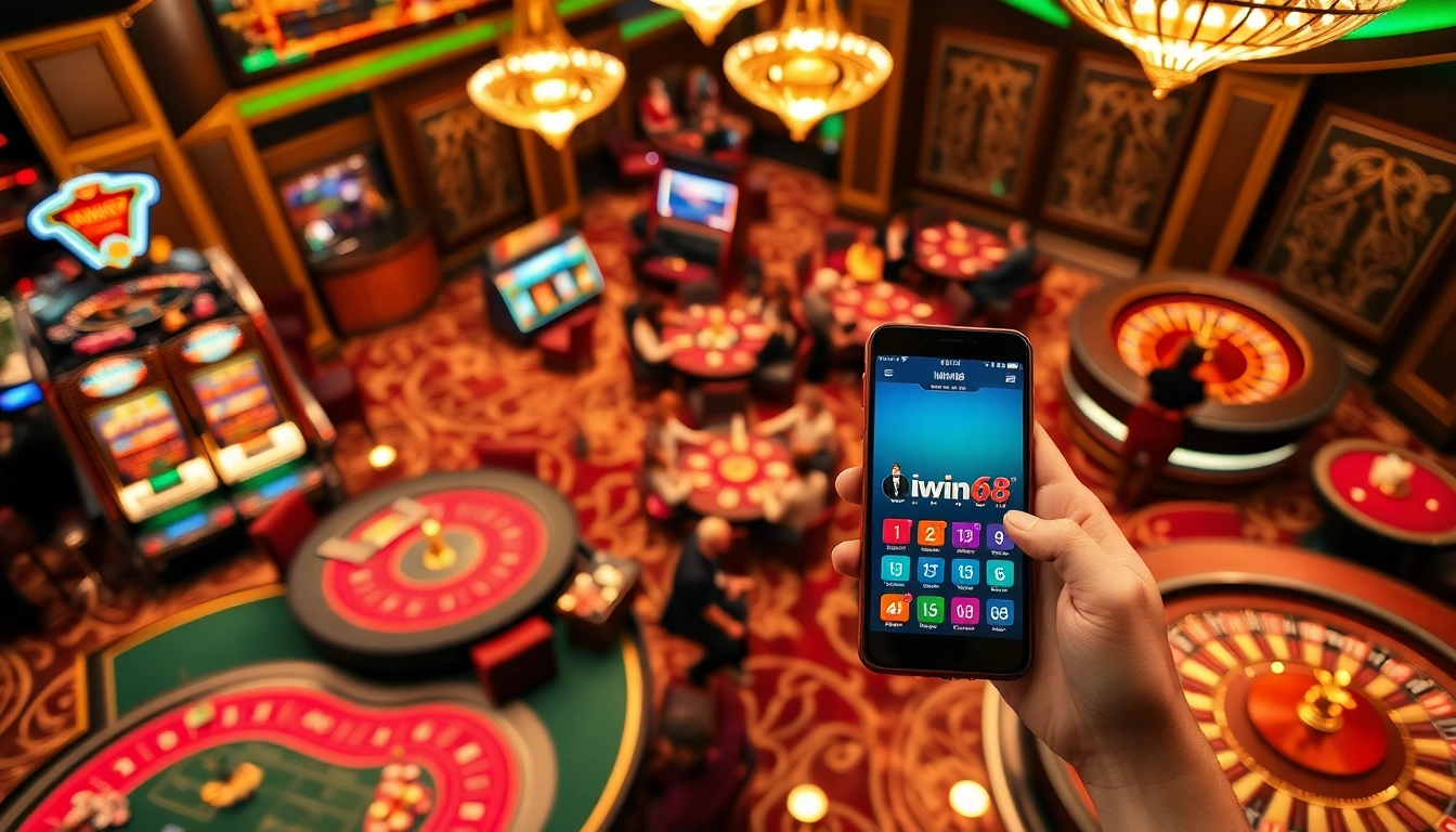 Players engaged in exciting games at the Iwin68 casino with vibrant slot machines and poker tables.