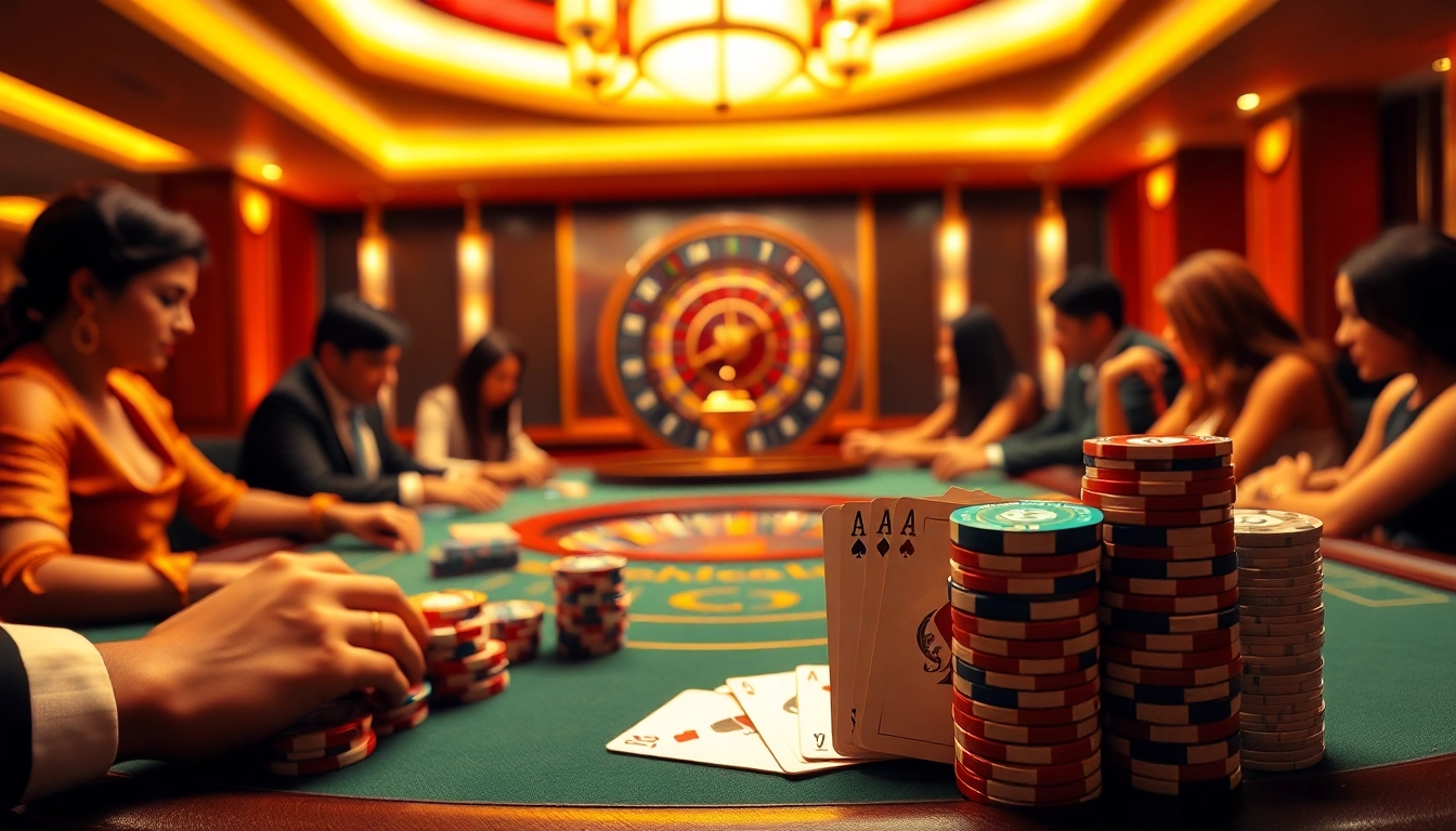 Join the excitement of gambling at https://max88.bz/ with a vibrant poker table scene showcasing players and chips.