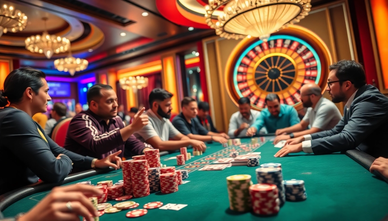 Action-packed poker game at 789P casino with vibrant chips, cards, and a spinning roulette wheel.